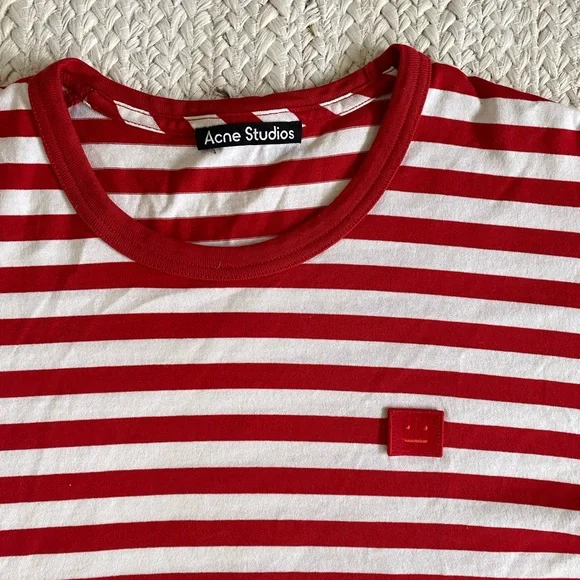 ACNE STUDIOS Red & White Nash Striped Face Tshirt sz M - Picture 6 of 11